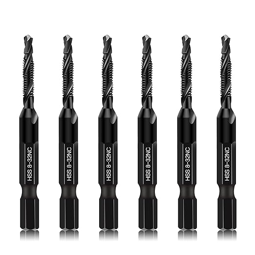 6-Piece 8-32NC Combination Drill Tap Countersink Bit Set SAE, Made of High-Speed Steel with Anti-Rust Blackened Coating, Ideal for Soft Metal, Wood & Plastic, 8-32NC Thread Size, 1/4??Hex Shank
