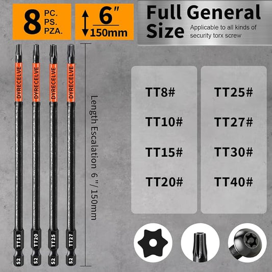 Impact Security Torx Bit Set 6-Inch Long (8-Pack T8-T40), S2 Steel Tamper Proof Star Bits Set, with 1/4'' Hex-Shank, Magnetic and High-Torque, for Automotive, Electronics, DIY
