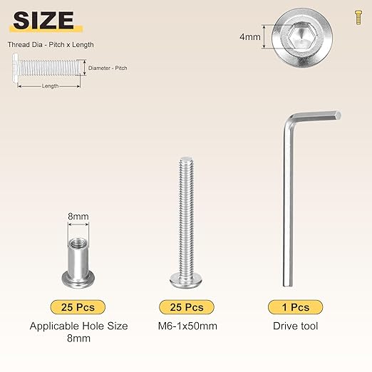METALLIXITY Furniture Crib Screws Replacement Set with Wrench(M6-1x50mm) 50Pcs, Connector Bolts M6 Screw Barrel Nuts Binding Screws, for Chair Cabinet Bed, Silver