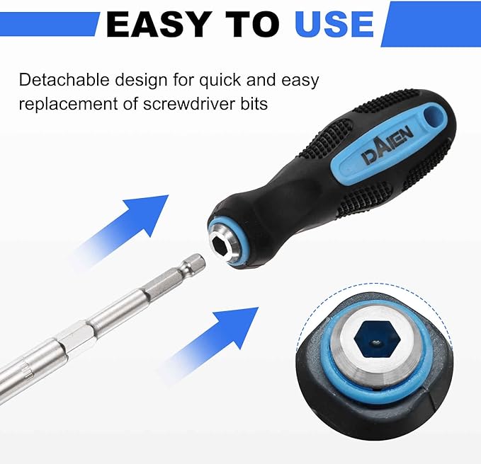 HARFINGTON Metric Nut Driver 7mm CR-V Non-Magnetic Detachable Tip Hollow Shafts Hex Socket Screwdriver with Anti-Slip Handle for Automobile Repair Bit Driver, Blue/Black