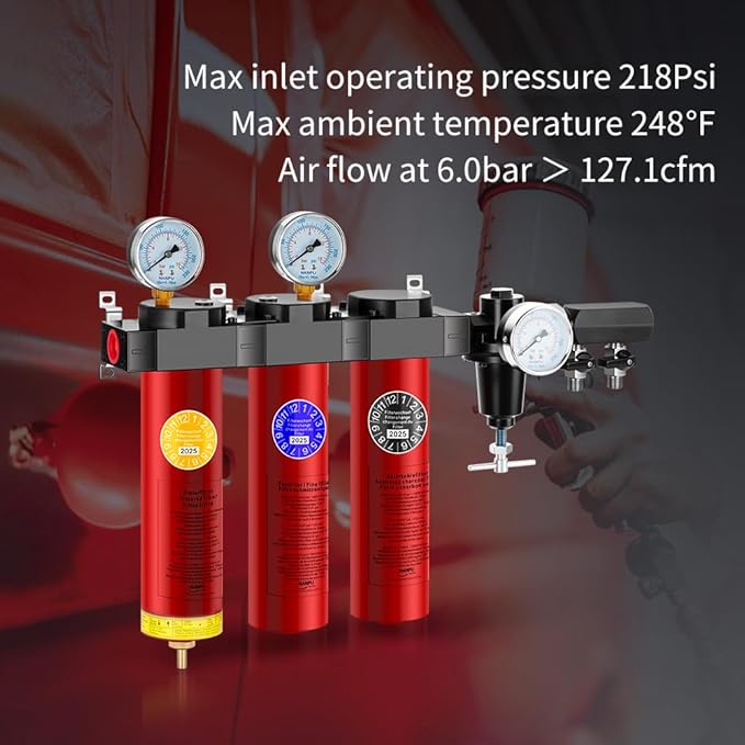 NANPU ZPA-R 3-Stage Air Filtration System with Regulator ??Sintered, Fine & Activated Carbon Filters, 3/4" NPT Inlet, 1/4" NPT Outlet, 127 CFM, 218 PSI Max, Metal Housing, 248째F Heat Resistant