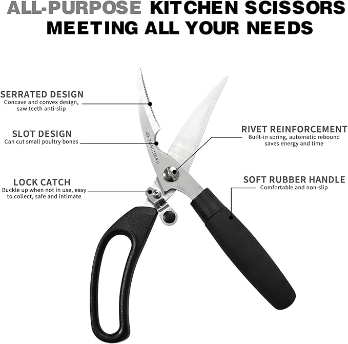 Ultra Heavy Duty Kitchen Poultry Shears, Super Sharp All Purpose Kitchen Scissors with Anti-slip Handle, Dishwasher Safe, Serrated Blades with Bottle Opener function
