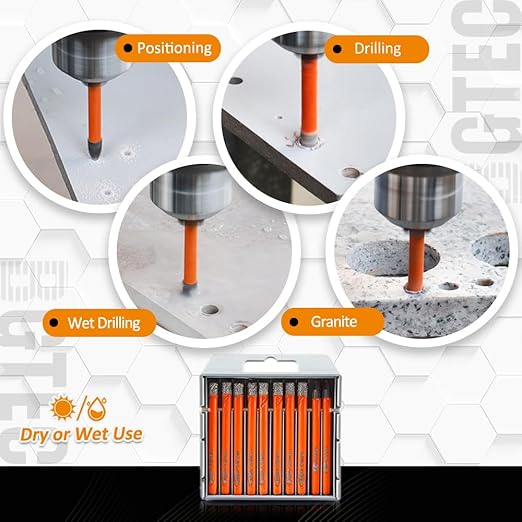 BGTEC Dry Diamond Drill Bits Set - 8pcs 1/4" Tile Drill Bits and 2pcs 1/4" Carbide Drill for Granite Marble Porcelain Ceramic