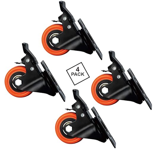 2" Caster Wheels, Casters Set of 4 Heavy Duty - ASRINIEY Orange PU Castors, Top Plate Swivel Wheels, 4-Pack Industrial Casters with Brake, Locking Caster for Furniture and Workbench