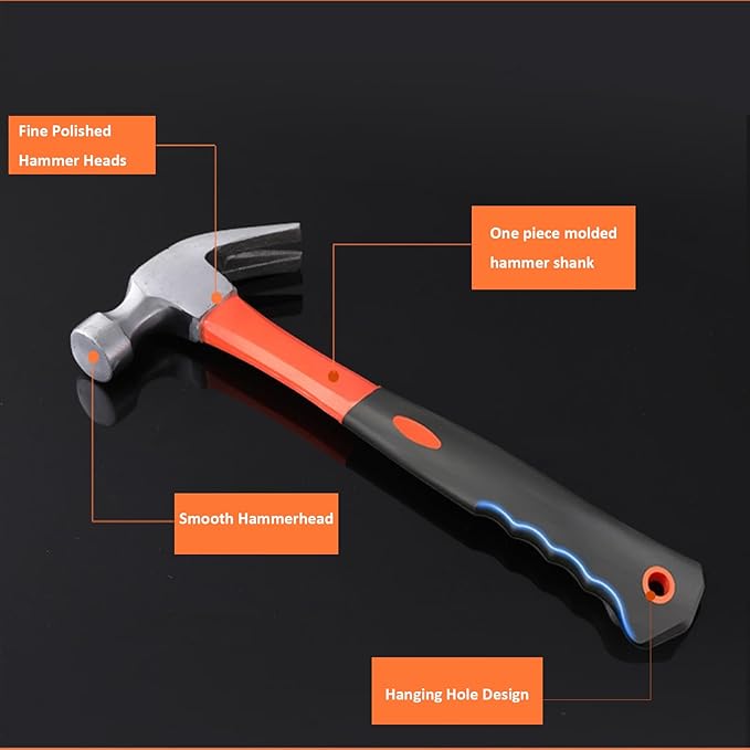 3 PCS 16oz Claw Hammer with Fiberglass Handle,Carbon Steel Nailing Hammer,Framing Hammer with Rip Claw,Anti-Vibration Grip