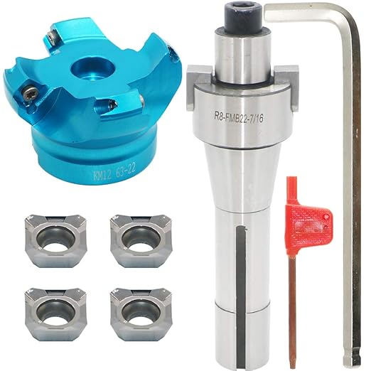 2.5 Inch Face Milling Cutter Aluminum KM12 63MM CNC End Milling Cutter Holder + R8-FMB22 Shank Face Shell Mill Arbor + 4pcs SEHT1204 Carbide Inserts + 8mm Hexagon Wrench + T20 Wrench CNC Machine Tools