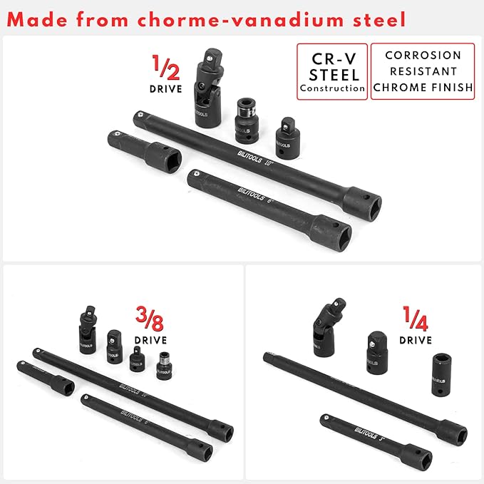 BILITOOLS 18-Piece Impact Socket Extension Set,includes 1/4" 3/8??& 1/2??Drive Extension Bar, Socket Adapter, Universal Joints, Cr-V Steel