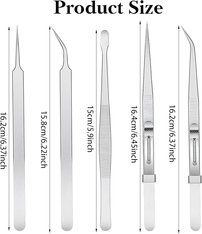 Precision Tweezers Set, 5 Pcs Anti-Static Stainless Steel Long Tweezers Thin Soldering Tweezer Curved of Tweezer for Craft, Electronics, Soldering, Jewelry Making, Laboratory Work