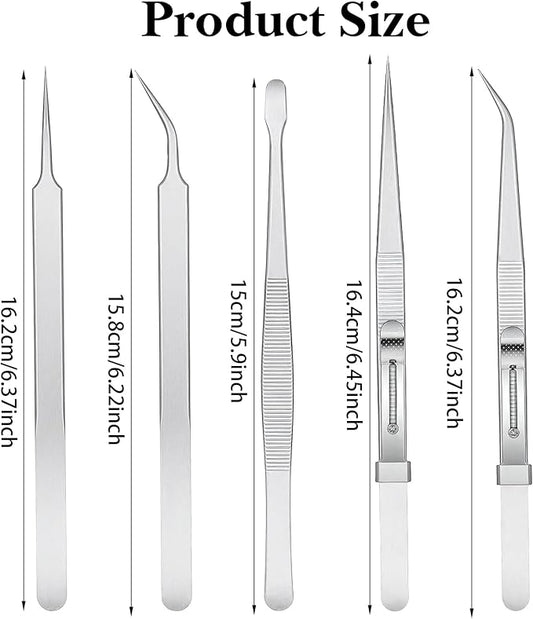 Precision Tweezers Set, 5 Pcs Anti-Static Stainless Steel Long Tweezers Thin Soldering Tweezer Curved of Tweezer for Craft, Electronics, Soldering, Jewelry Making, Laboratory Work