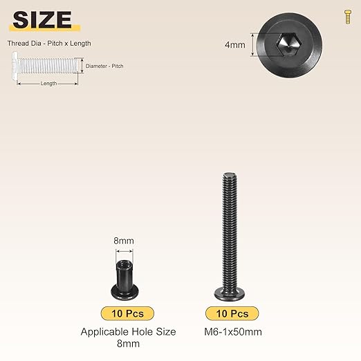 METALLIXITY Furniture Crib Screws Replacement Set(M6-1x50mm) 20Pcs, Connector Bolts M6 Screw Barrel Nuts Binding Screws, for Chair Cabinet Bed, Black