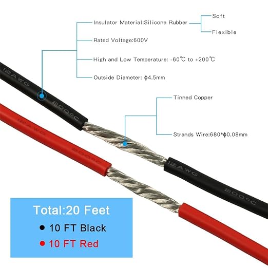 BNTECHGO 12 Gauge Silicone Wire 10 ft red and 10 ft Black Flexible 12 AWG Stranded Tinned Copper Wire