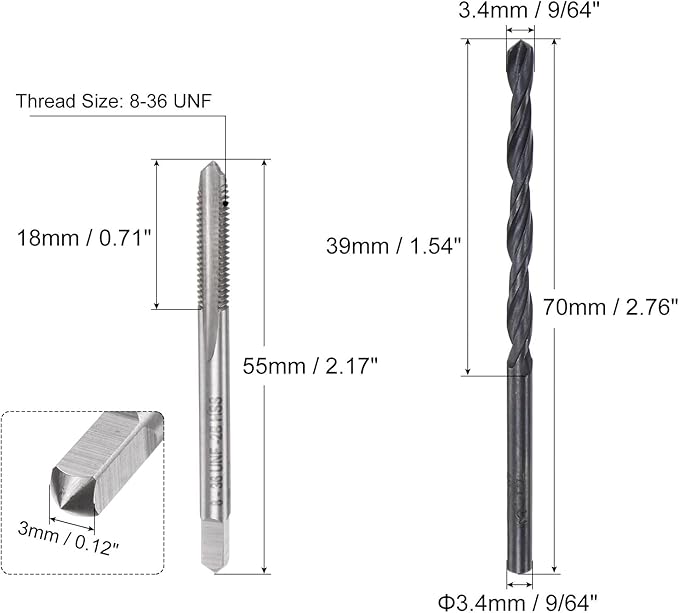 uxcell Tap and Drill Bit Set, 8-36 UNF Thread Tap & 9/64" Black Oxide Twist Drill Bit, Straight Flute Tap Tapping Threading Repair Tool Kit
