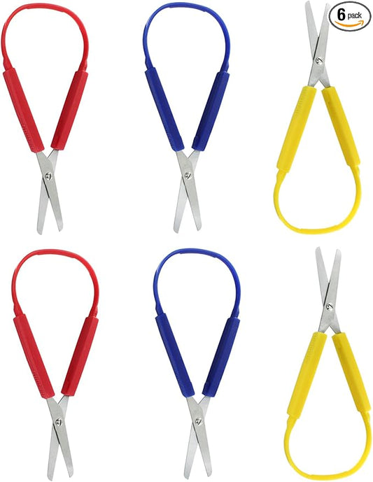 6Pcs Loop Grip Scissors, 7.7 Inch Colorful Adaptive Scissors, Self-Opening HoopScissors for Special Needs, Schools Teaching, Preschool（Yellow,Red, Blue）