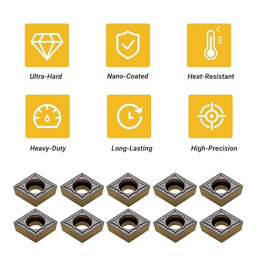 CCMT21.51 Carbide Inserts 10-Pack - CCMT060204 CNC Lathe Turning Tool for Steel - Tin Coated Semi-Finishing Chipbreaker Replacement Cutters - High Precision CNC Milling Inserts for Metalworking