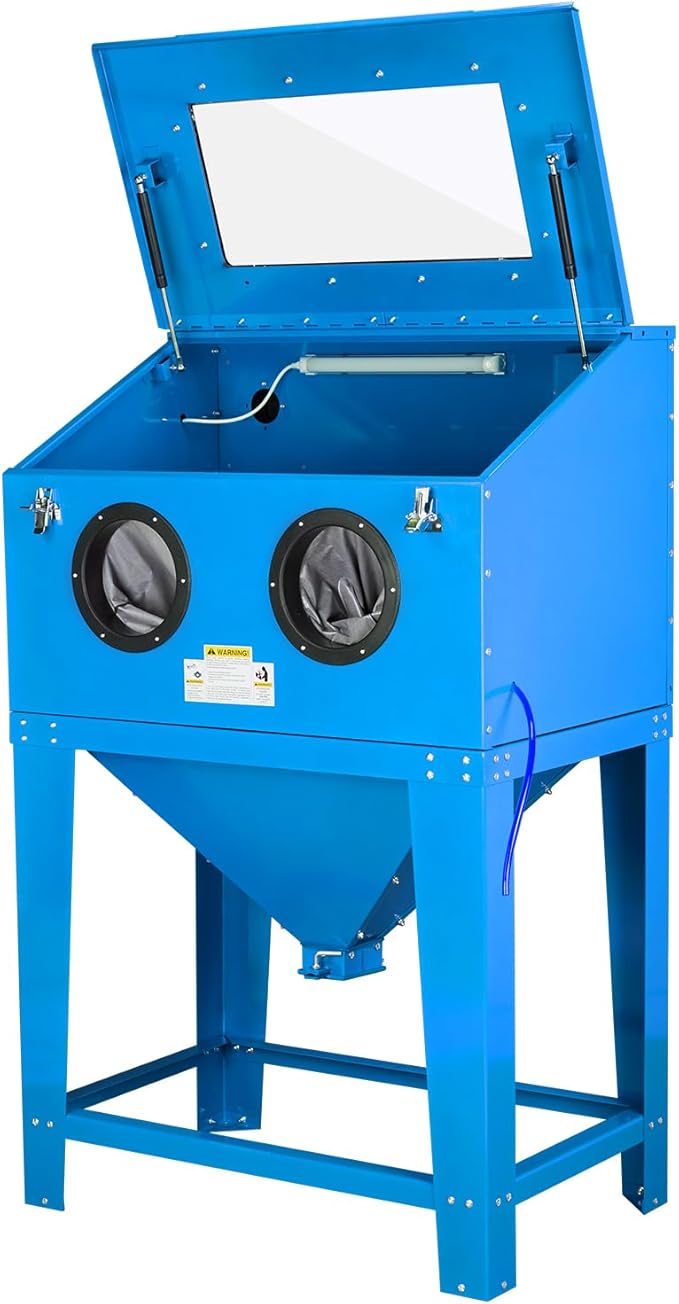 90 Gallon Sandblasting Cabinet,40-80PSI Sand Blasting Cabinet with Glass Viewing Windows/LED Light, Heavy Duty Sand Blaster with 4 Nozzles & Blasting Gun for Paint, Rust Removal Blue