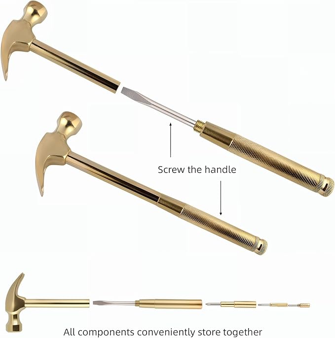 Multifunction Hammer 6 in 1 with Slotted/Flat Head Phillips Screwdriver Claw Hammer Manual, Portable Metal Mini Tool Hammer (Gold)