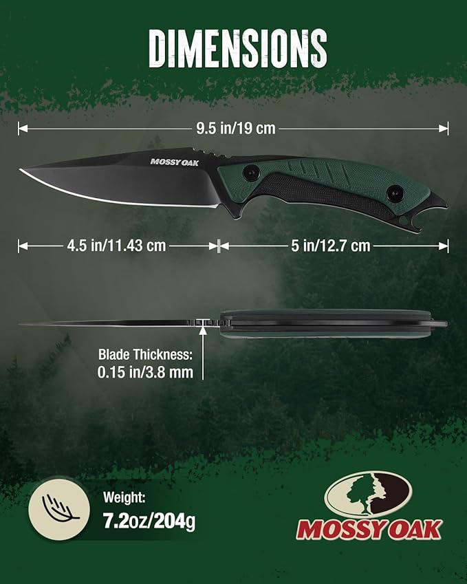 Mossy Oak 9.5" Fixed Blade Hunting Knife with Sheath, 14C28N Full Tang, G10 Handle Outdoor Knife for Survival, Camping, Hiking(Green)