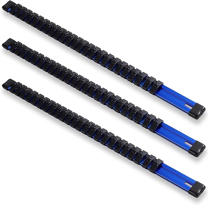 ALOANES 3-Piece 1/4-Inch Drive Aluminum Alloy Socket Organizer, Heavy Duty Socket Racks, Socket Holder Kit for Toolbox Drawer Fit 1/4-Inch x 72 Clips (Blue)