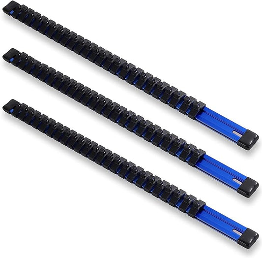 ALOANES 3-Piece 1/4-Inch Drive Aluminum Alloy Socket Organizer, Heavy Duty Socket Racks, Socket Holder Kit for Toolbox Drawer Fit 1/4-Inch x 72 Clips (Blue)