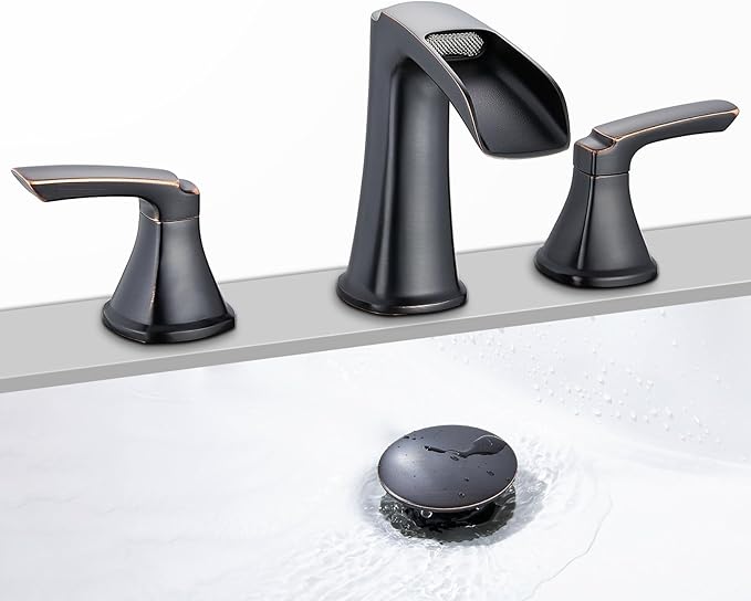 Oil Rubbed Bronze Waterfall Bathroom Faucet, Sanliv 3-Piece Widespread Bathroom Sink Faucets, 2-Handle Bronze Vanity Faucet for 3-Hole Sinks 4-8 Inch with Pop-Up Drain (ORB)