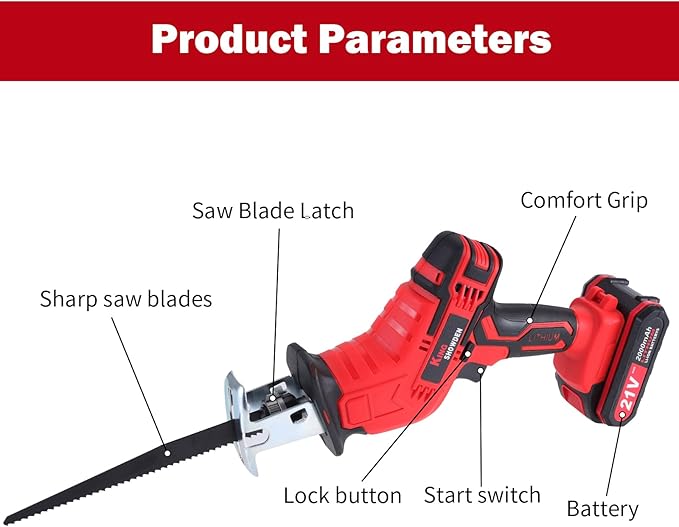 Cordless Reciprocating Saw | 21V 2000mAh * 2 Batteries, 3000RPM, 28mm Stroke Length, 4 Blades | Electric Power Reciprocating Saw for Wood Cutting