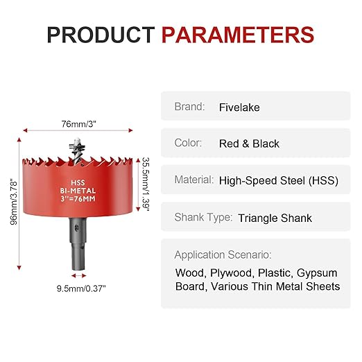 3" (76mm) Bi-Metal M42 High Speed Steel Hole Saw with Pilot Drill Bit, Smooth Cutting Edge for PVC, Drywall, Wood, Plastic, Gypsum Board, Rubber, Thin Metal
