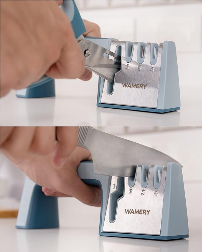 Wamery Knife & Scissors Sharpener, 4-Stage Pull-Through with Scissors Slot, Diamond & Ceramic Stages, Non-Slip Base, Ergonomic Handle - Restores Straight & Lightly Serrated Edges