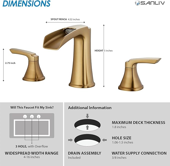Brushed Gold Waterfall Bathroom Faucet, Sanliv 3-Piece Widespread Bathroom Sink Faucets, 2-Handle Vanity Faucet for 3-Hole Sinks 4-8 Inch with Pop-Up Drain, Brushed Gold
