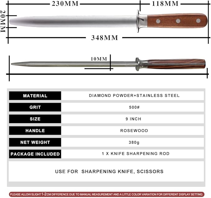 Seido Knives 10-Inch Rosewood Diamond Sharpening Rod - Honing Steel Knife Sharpener with Rosewood Handle