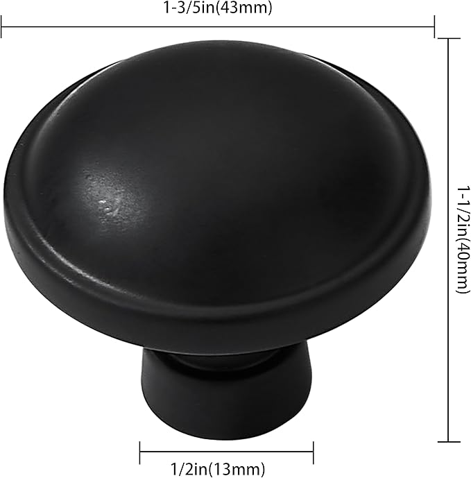 Khtumeware 10 Pack Large Cabinet Knobs - Matte Black, 1-3/4 inch (44 mm) Diameter, Heavy Duty Zinc Knobs for Kitchen Drawer Pulls and Dresser Drawers
