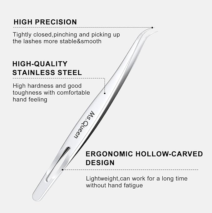 Ms.Queen Lash Tweezers for Eyelash Extensions, 5 Pcs Tweezers Set Professional Fine Tip Curved 45 Degree Lash Tweezers for Classic, Volume & Mega Volume Lashes - Ideal for Lash Artists