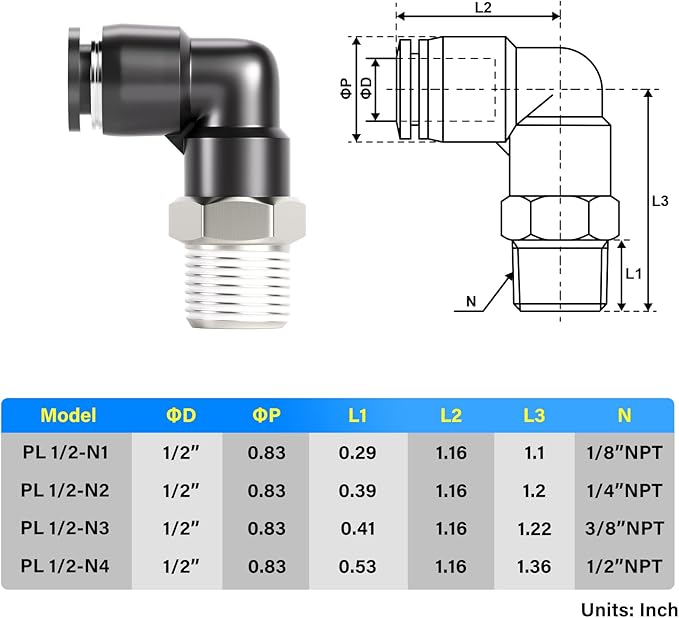 TAILONZ PNEUMATIC Male Elbow 1/2 Inch Tube OD x 3/8 Inch NPT Thread 90 Push to Connect Fittings PL-1/2-N3 (Pack of 2)