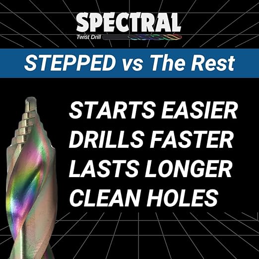 Spectral 7/32" Step Point HSS Drill Bit, Stepped Point 135째 Split Point Tip, M2 Steel, 3-Flat Shank, Multi-Color Finish, 6-Pack