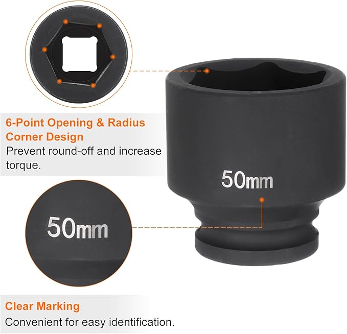 HARFINGTON 6-Point Impact Socket 3/4" Drive 50mm Metric 40Cr Alloy Steel Spindle Axle Nut Impact Socket