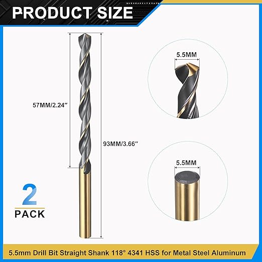 PATIKIL 5.5mm Drill Bit, Jobber Straight Shank 4341 High-Speed Steel 118째 Black and Gold Finish for Medium-Hard Metal Steel Acrylic - 2 Pack