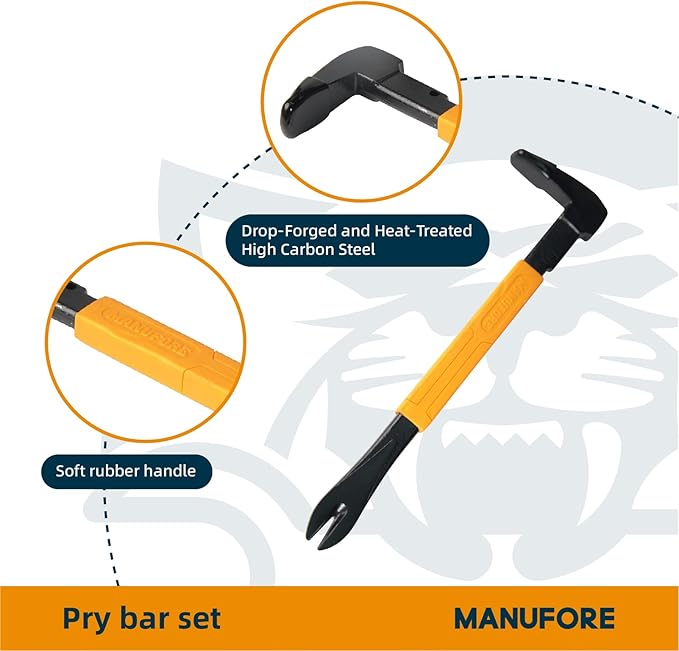 MANUFORE 4pcs Pry Bar Nail Puller Set, 12??Flat Pry Bar, 7.5??Flat Pry Bar, 12??Crow Bar with Hammer, 9??Chisel (Orange)