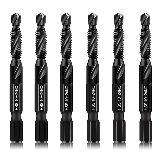 6-Piece 10-24NC Combination Drill Tap Countersink Bit Set SAE, Made of High-Speed Steel with Anti-Rust Blackened Coating, Ideal for Soft Metal, Wood & Plastic, 10-24NC Thread Size, 1/4" Hex Shank