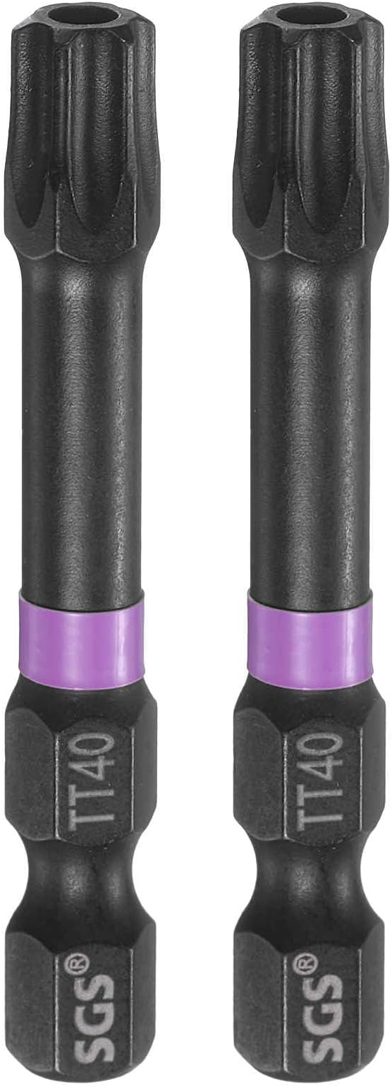 HARFINGTON 2pcs TT40 Torx Head Impact Screwdriver Bits 1/4" Hex Shank 2" (50mm) Long Magnetic Tamper Proof 6 Point Star Screw Driver Drill Bits Phosphate S2 Steel Power Tools with Hole