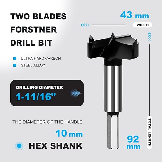 1-11/16 Inch Forstner Drill Bit Carbide Tipped,Woodworking Hinge Cutter for Precise Flat Bottom Holes in Hard Wood,Plywood,Plastic - Professional Grade
