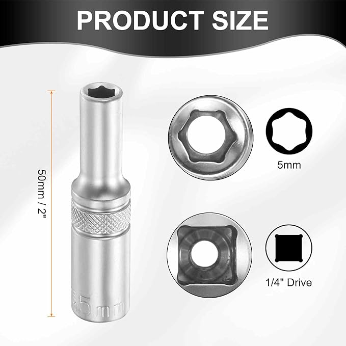 HARFINGTON 6 Points Deep Socket 1/4" Drive 5mm Deep Metric CR-V Steel Polished Nickel Plating Flip Sleeve 50mm / 2" Extra Long Socket Tool for Home Auto Nuts Bolts Repair