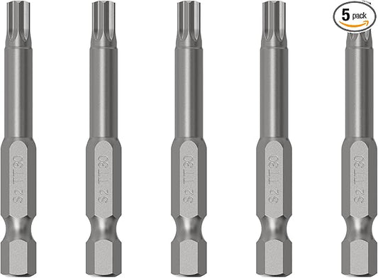 5PCS T30 Magnetic Tamper Proof Torx Screwdriver Bits, 1/4 Inch Hex Shank 2.6 Inch Length S2 Steel Security Drill Torx Head Drill Screw Driver Tools(65mm Long, Star 6 Point)