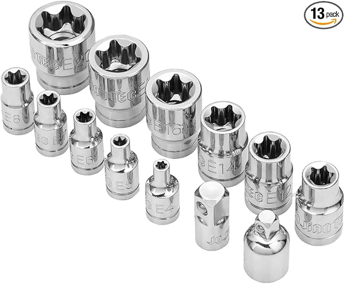 13-Piece E-Torx Socket Set with 6-Point Star Design - E4 to E20 Sizes, 1/4??& 3/8??Drive, Hardened CR-V Steel, Impact Wrench Compatible, Sturdy Molded Case