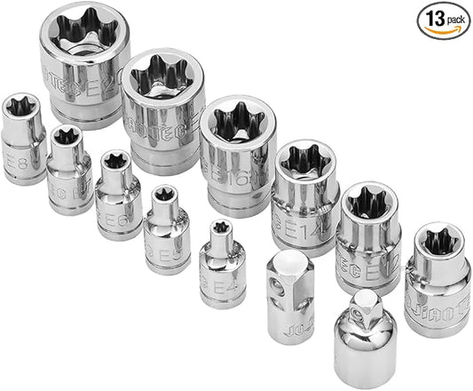 13-Piece E-Torx Socket Set with 6-Point Star Design - E4 to E20 Sizes, 1/4??& 3/8??Drive, Hardened CR-V Steel, Impact Wrench Compatible, Sturdy Molded Case