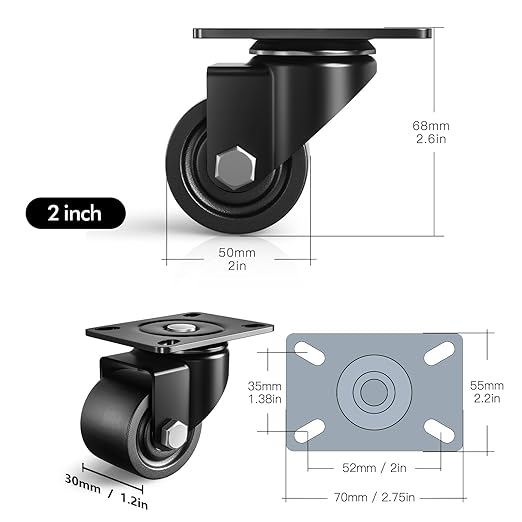 ANDUTEES 2 Inch Caster Wheels Set of 4, Heavy Duty Casters Load 2200lbs, Low Gravity Centere Industrial Swivel Casters, Plat Caster for Furniture and Workbench
