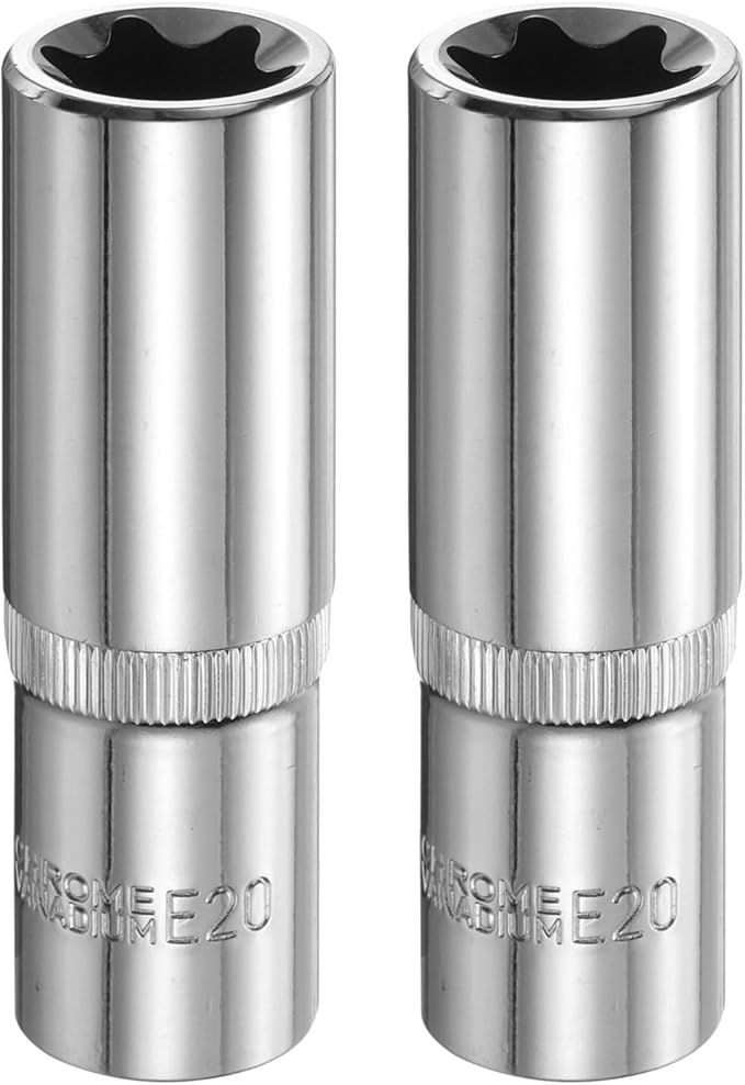 HARFINGTON 2pcs E-Torx Socket 1/2" Drive E20 Star Female Socket 3.1" Length External Torx Deep Sleeve Chrome Plating 6 Point Spline Sleeve for Auto Repairs Home Maintenance