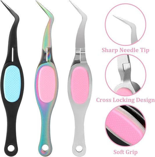 3 Pcs Reverse Tweezers Craft Crossing Lock Tweezers Crossing Locking Curved Crafting Tweezer, Stainless Steel Curved Tip Tweezer for Jewelry Beading, Electronics DIY Craft (Rainbow, Silver, Black)