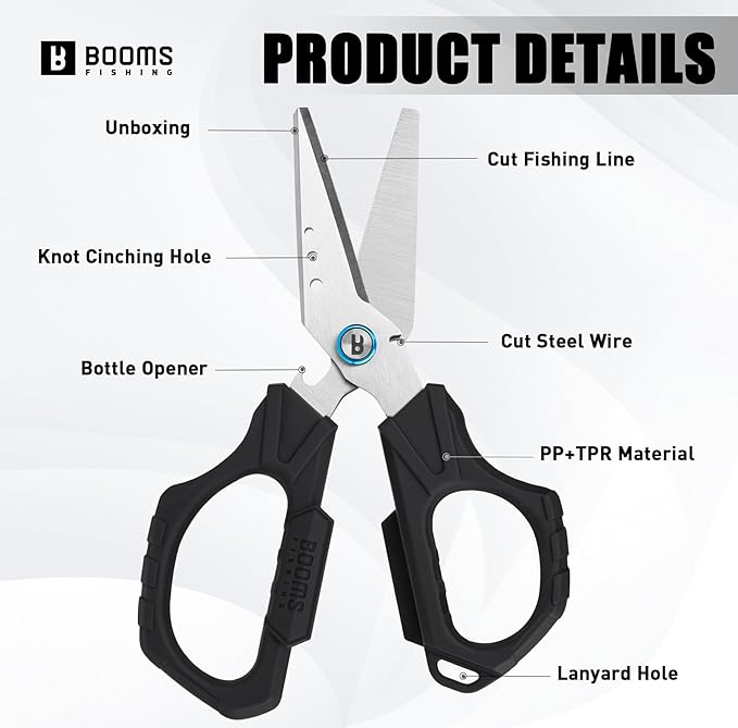 Booms Fishing Braided Line Cutter: 6.3in Multifunction Fishing Scissors - Fishing Shears with Serrated Blades and Side Wire Cutter, S04