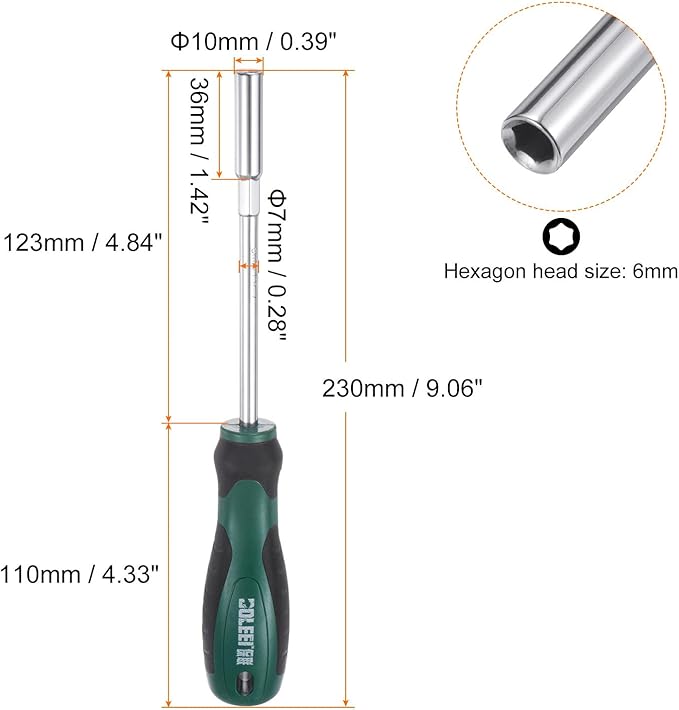 HARFINGTON Metric Nut Driver 6mm CR-V Non-Magnetic Tip Hollow Shafts Hex Socket Screwdriver with Non-Slip Handle for Automobile Repair