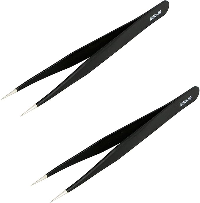Aoje-Link ESD-10 Professional Anti-Static Precision Technology Tweezers, Non-magnetic Straight Pointed Tip, Stainless Steel Plastic Coated, Full Length 120mm, Black, 2pcs
