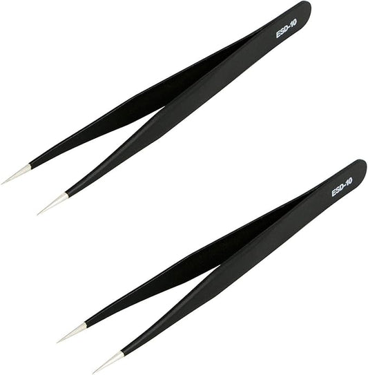 Aoje-Link ESD-10 Professional Anti-Static Precision Technology Tweezers, Non-magnetic Straight Pointed Tip, Stainless Steel Plastic Coated, Full Length 120mm, Black, 2pcs